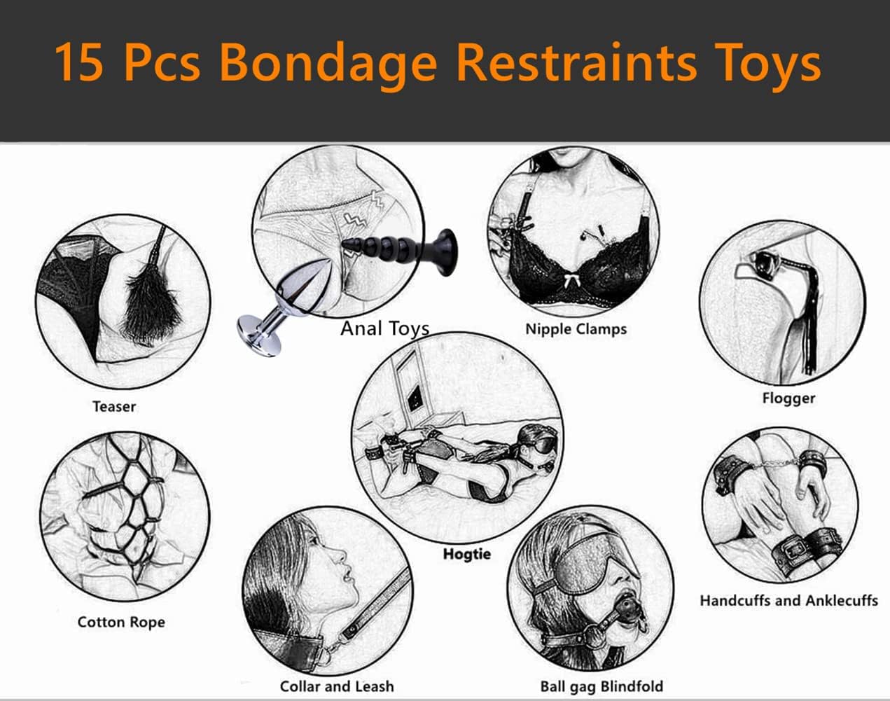 15 PCS Sex Bondage BDSM Kit, Foreplay Toy for Couples