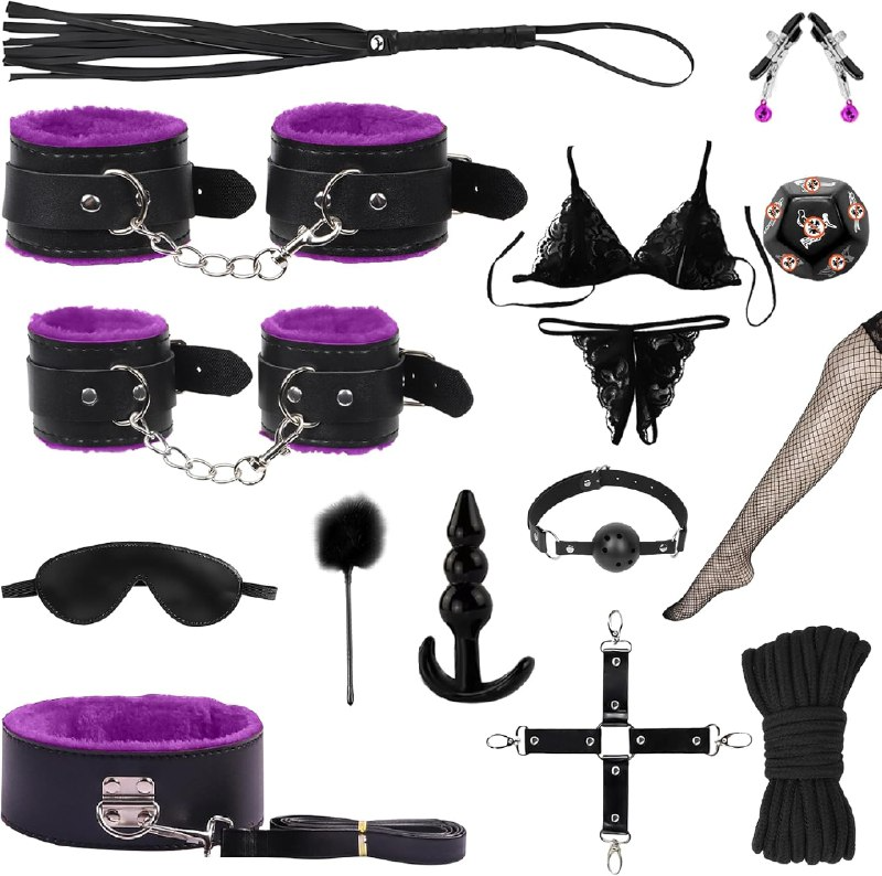 15 PCS Sex Bondage BDSM Kits Restraints, Fetish Handcuffs Ankle Cuff Collar Blindfold Whip Rope Nipple Clamps Paddle Anal Toys Ball Gag Adult Games Foreplay Toys for Couples