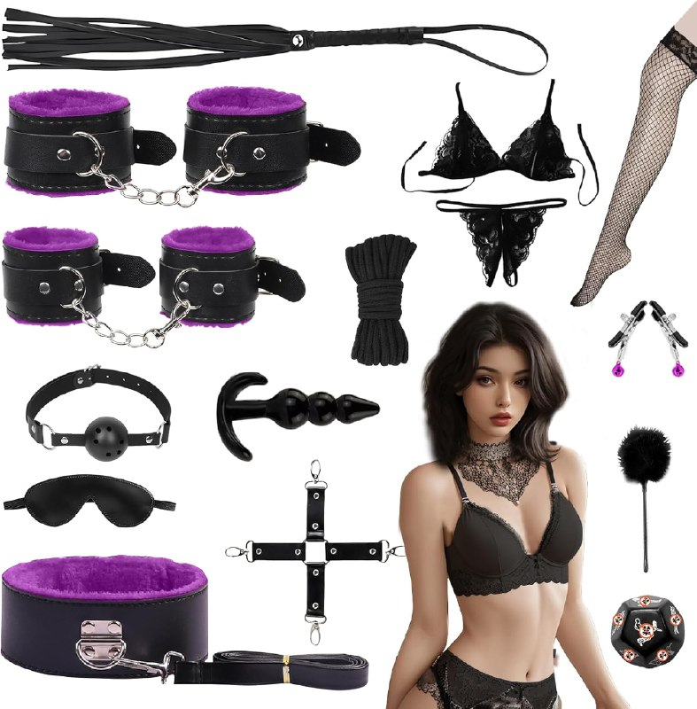 15 PCS Sex Bondage BDSM Kits Restraints, Fetish Handcuffs Ankle Cuff Collar Blindfold Whip Rope Nipple Clamps Paddle Anal Toys Ball Gag Adult Games Foreplay Toys for Couples